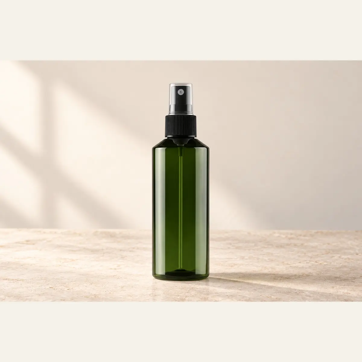 Green Fine-Mist Spray Bottle photographed on a warm neutral studio background