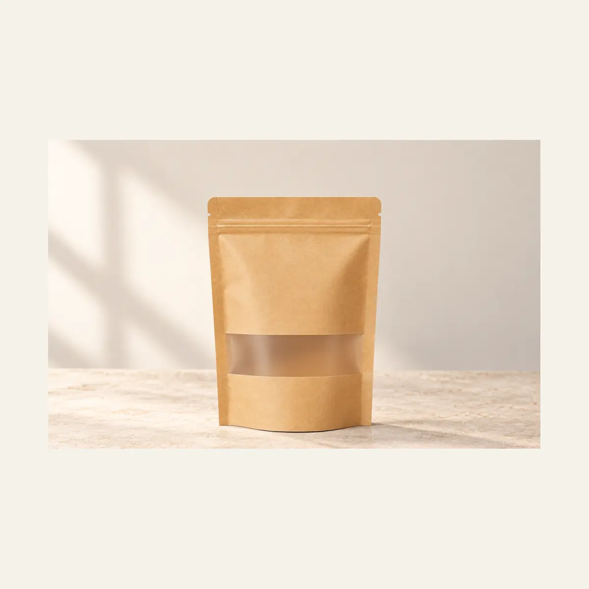 Kraft Window Stand-Up Pouch photographed on a warm neutral studio background