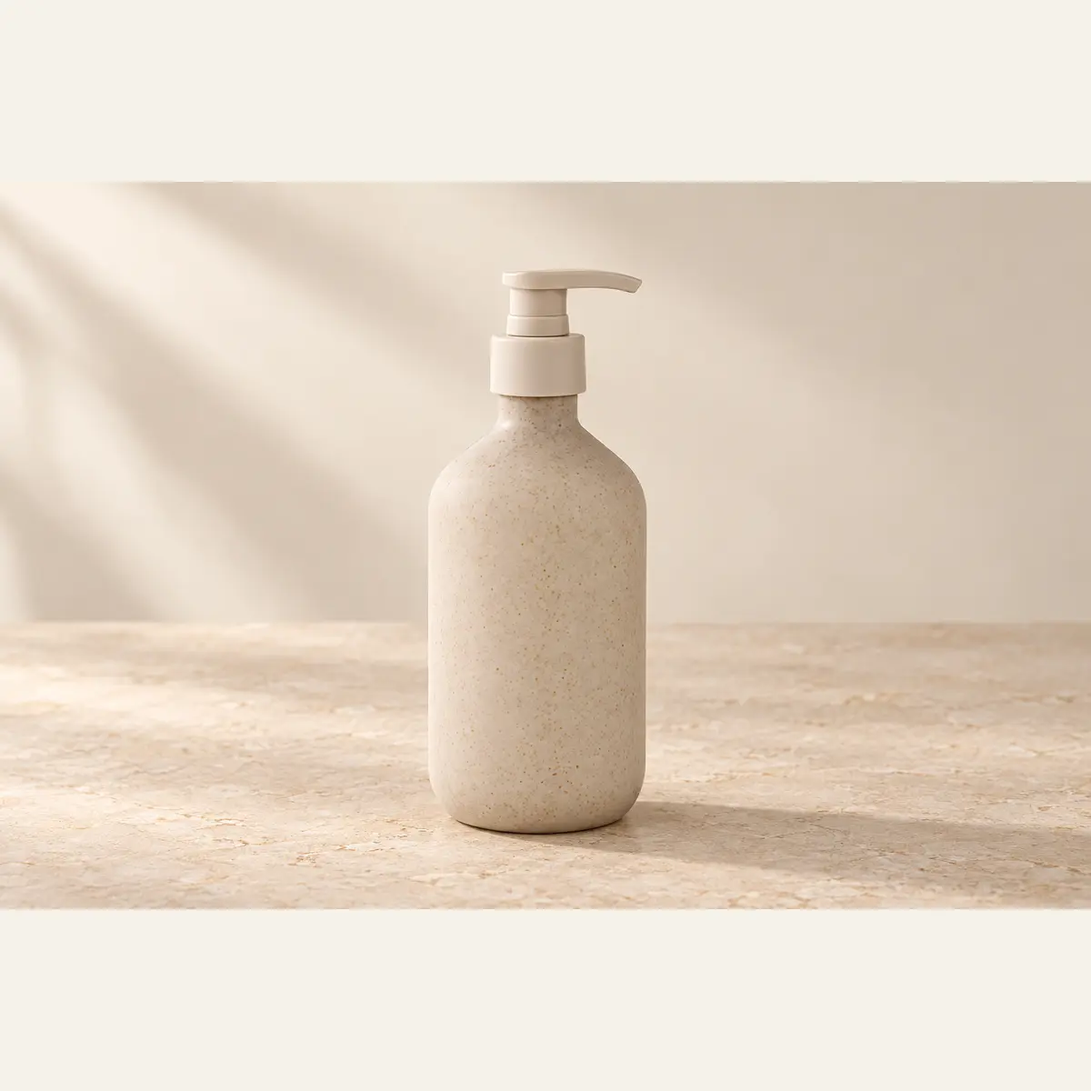 Oatmeal Plastic Pump Bottle photographed on a warm neutral studio background