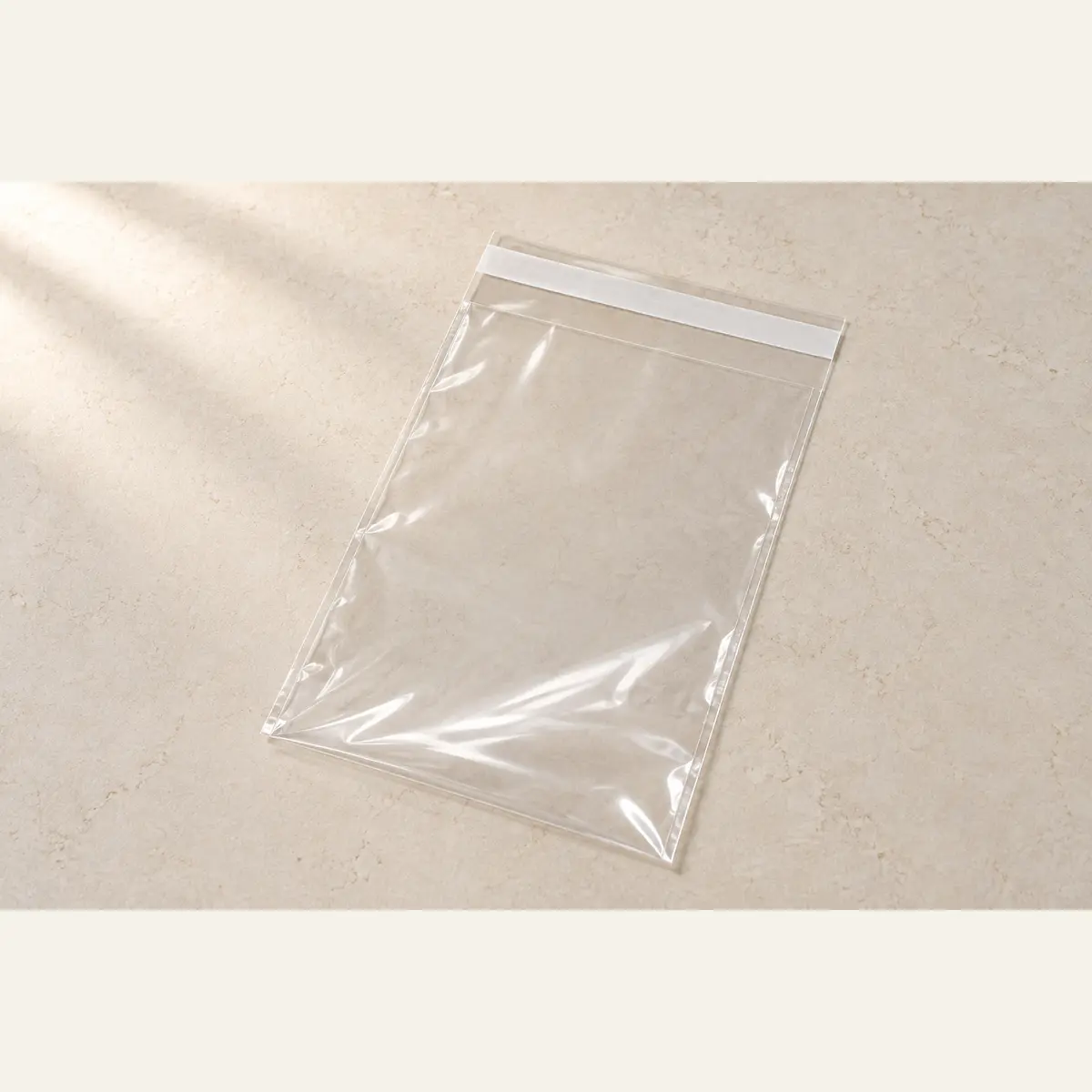 Clear Self-Seal Product Bag · 15 × 23 cm photographed on a warm neutral studio background