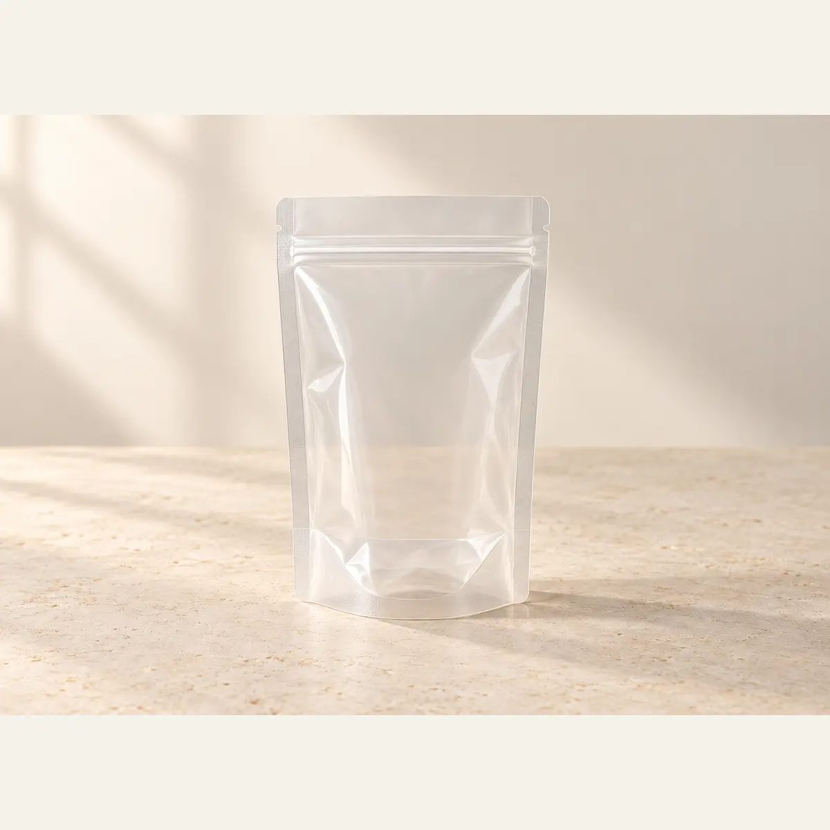Clear Stand-Up Zipper Pouch · 9 × 13 + 6 cm photographed on a warm neutral studio background