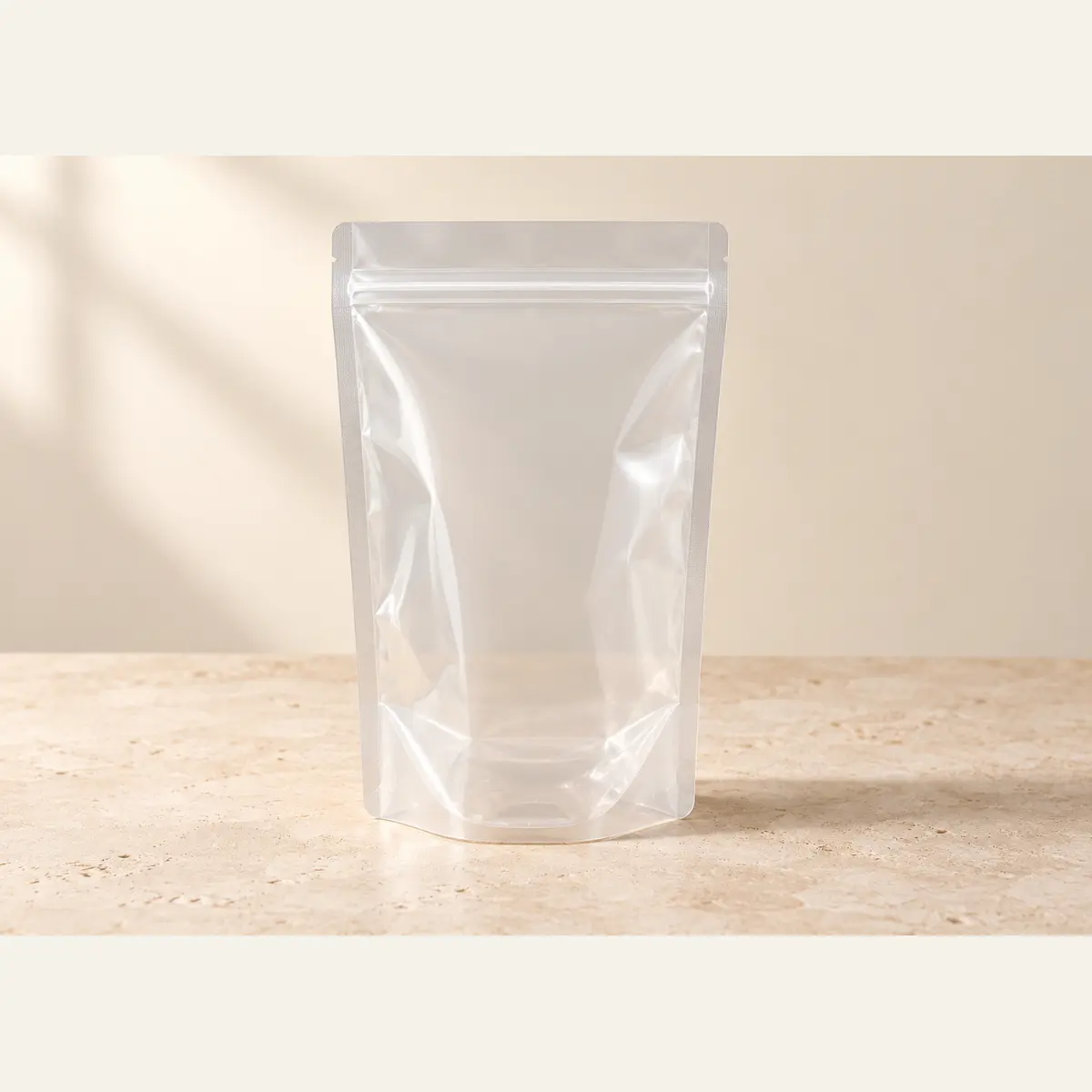Clear Stand-Up Zipper Pouch · 14 × 20 + 8 cm photographed on a warm neutral studio background