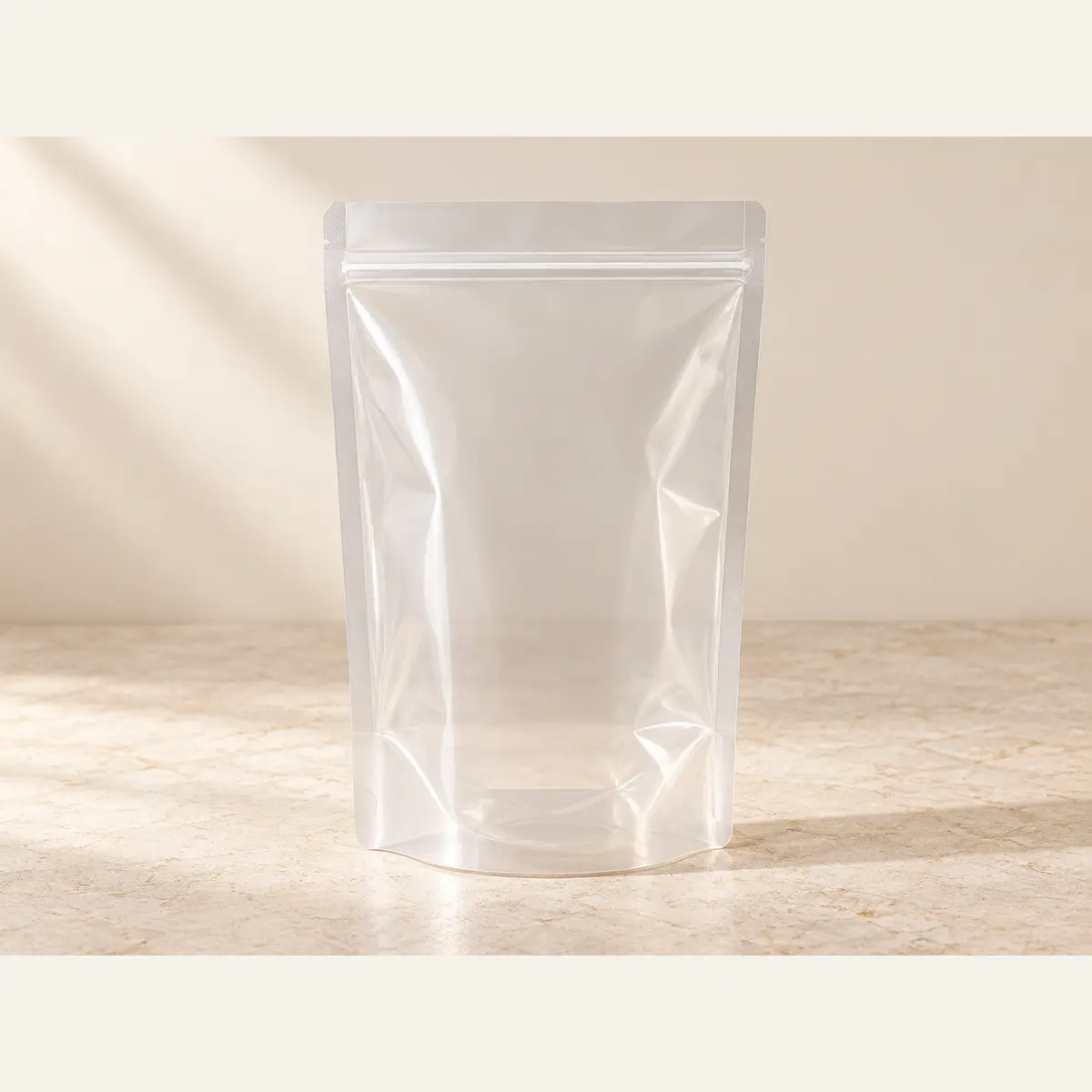 Clear Stand-Up Zipper Pouch · 16 × 24 + 8 cm photographed on a warm neutral studio background