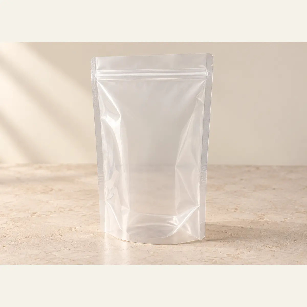 Clear Stand-Up Zipper Pouch · 18 × 26 + 8 cm photographed on a warm neutral studio background