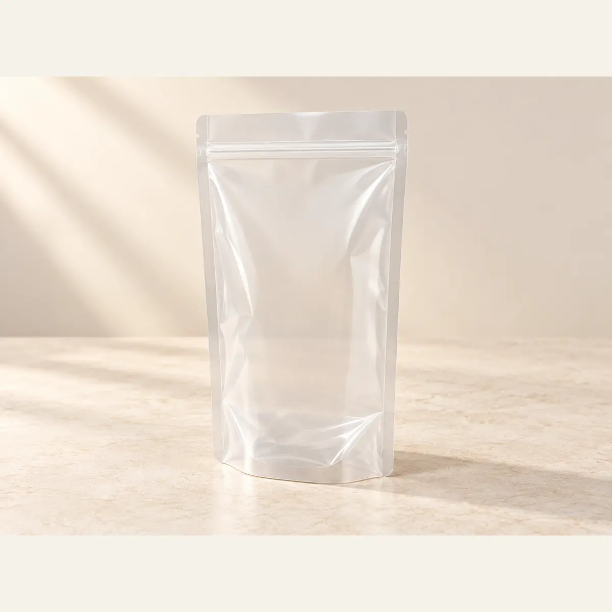 Clear Stand-Up Zipper Pouch · 20 × 30 + 8 cm photographed on a warm neutral studio background