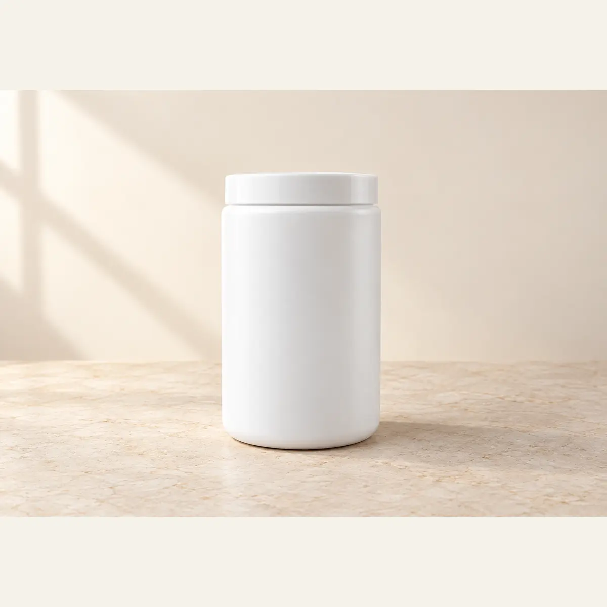 White 750 g Jar photographed on a warm neutral studio background